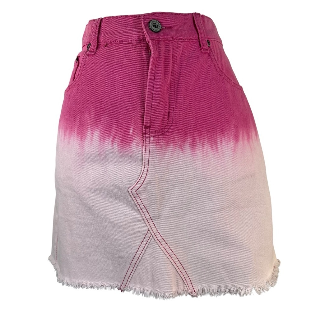 NWT Umgee Pink Ombre Denim Mini Skirt Size Large Gradient Dip Dye Raw Hem Y2